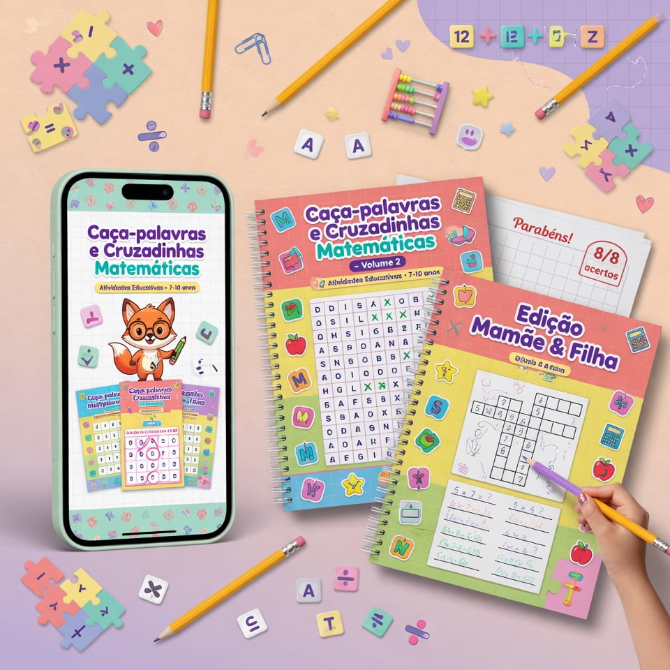 Caça-palavras e cruzadinhas matemáticas — material físico e app